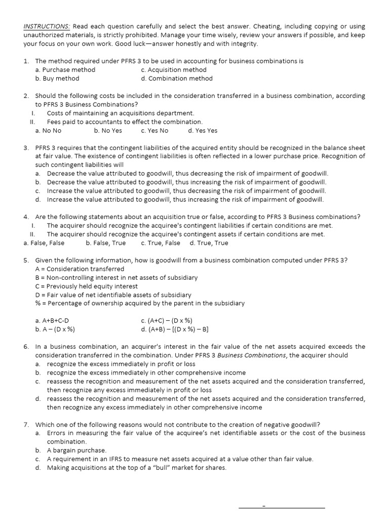PFRS 3 Business Combinations Exam Guide | PDF | Goodwill (Accounting ...