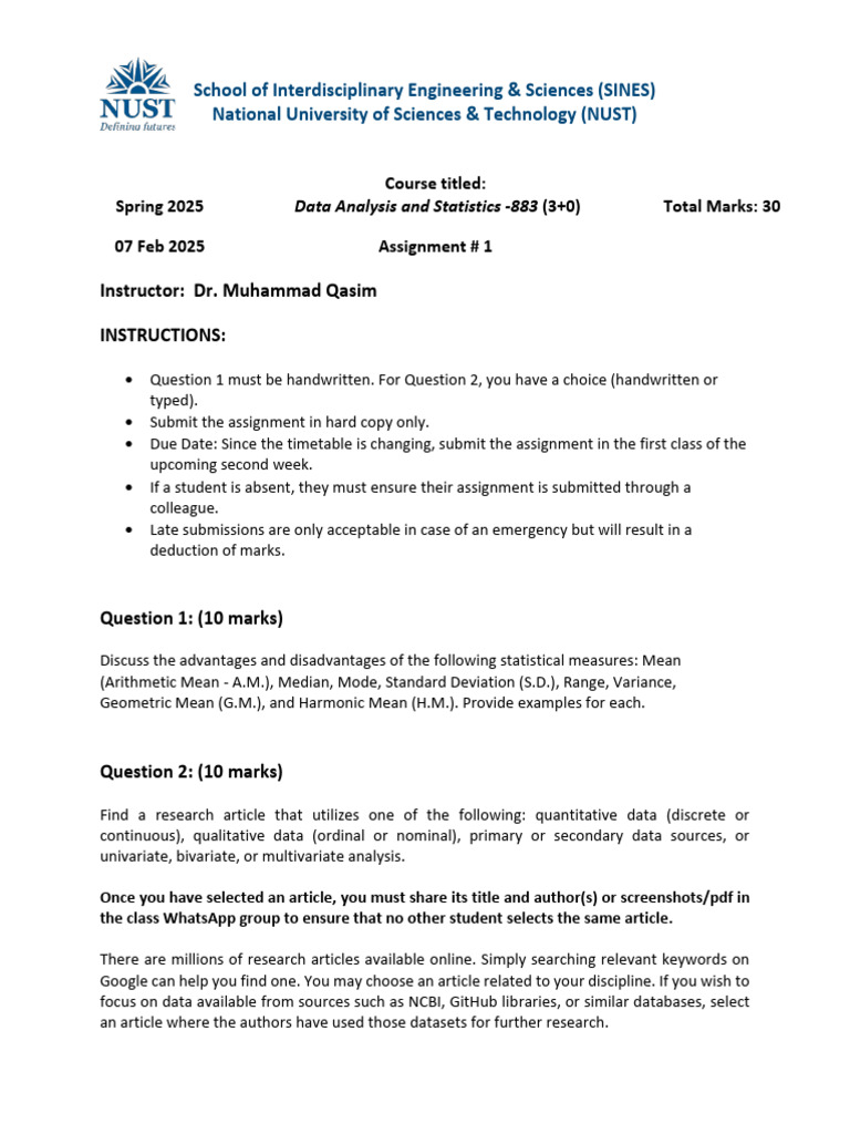 Data Analysis and Statistics Assignment 1 | PDF | Mean | Scientific Method