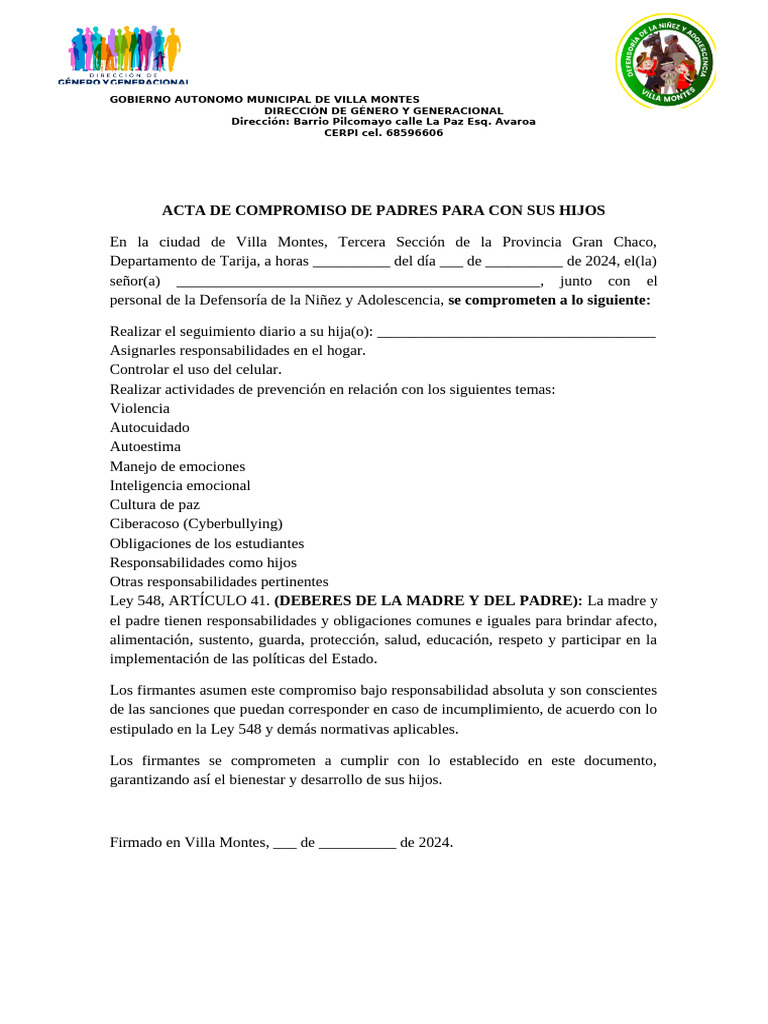 ACTA DE COMPROMISO DE PADRES PARA CON SUS HIJOS | PDF