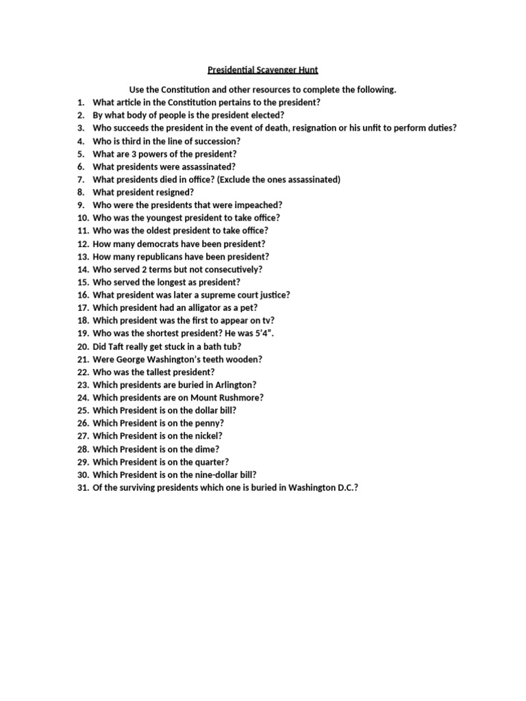 Presidential Scavenger Hunt | PDF