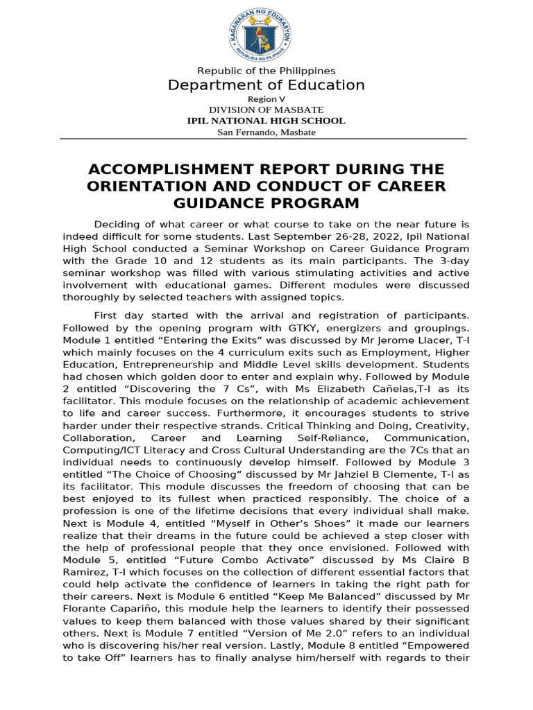 Ipil National High School Career Guidance Report | PDF | Learning ...