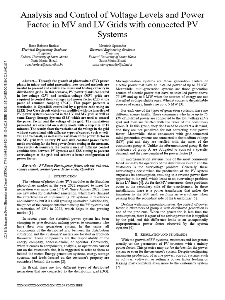 Voltage Control in PV-Connected Grids | PDF | Photovoltaic System ...