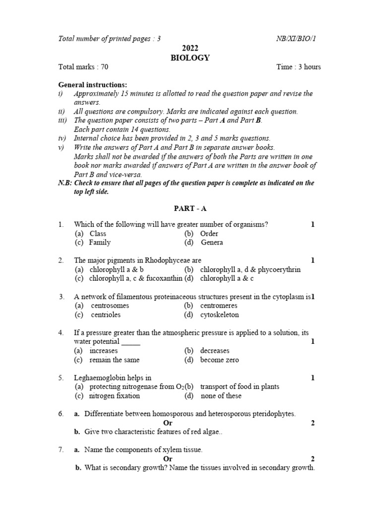 Class XI Biology Question Paper 2022 | PDF | Endocrine System | Biology