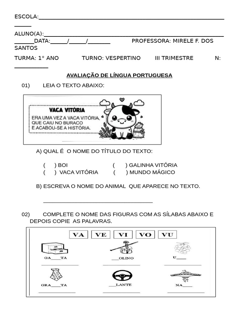 Avaliação de Língua Portuguesa 1º Ano | PDF