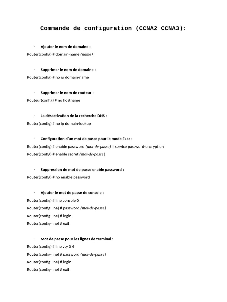 Commandes de configuration Cisco CCNA | PDF | Routage | Adresse IP
