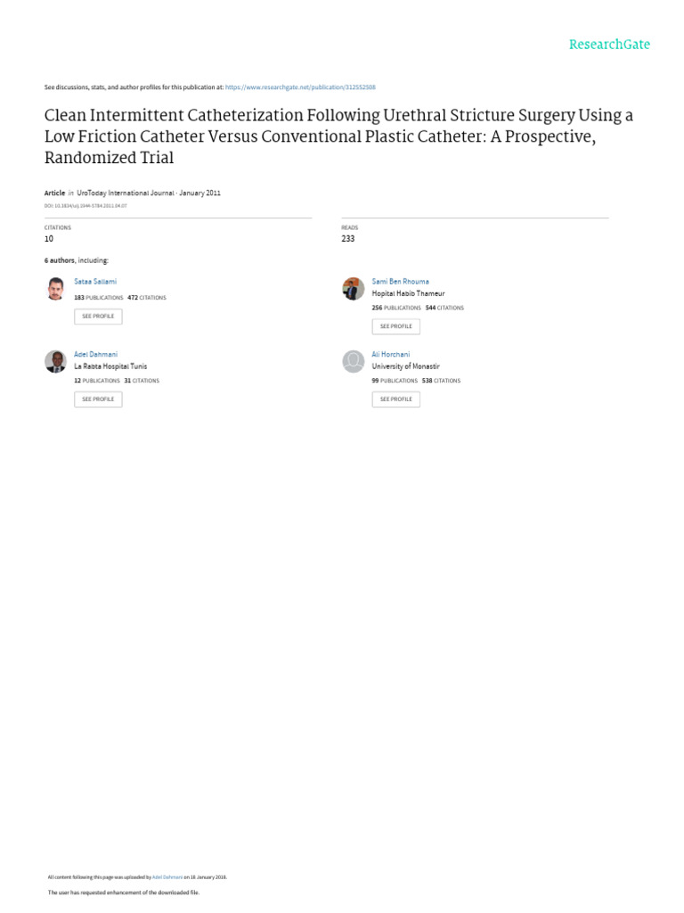 Clean Intermittent Catheterization Following Urethral Stricture Surgery ...