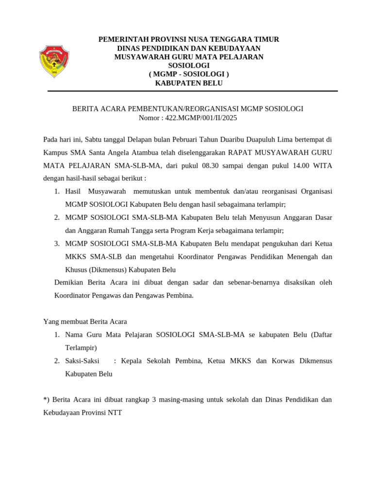 Pembentukan MGMP Sosiologi Belu 2025 | PDF