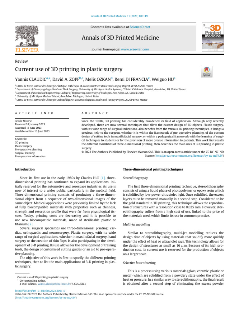3D Printing in Plastic Surgery | PDF | Surgery | Surgical Specialties