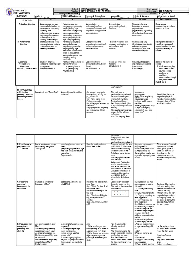 Grade 2 Daily Lesson Log Overview | PDF
