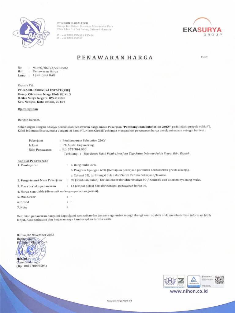 919REV02. KIE - Pembangunan Substation Pada Austin Engineering | PDF ...