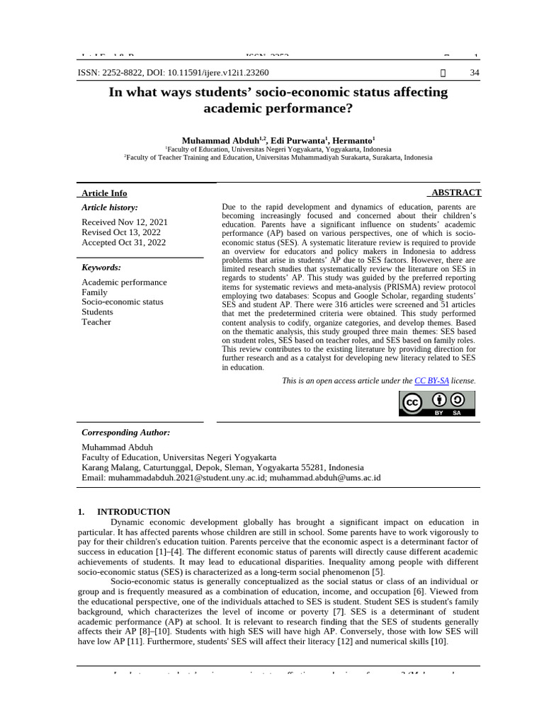 Socio-Economic Status and Academic Performance | PDF | Socioeconomic ...