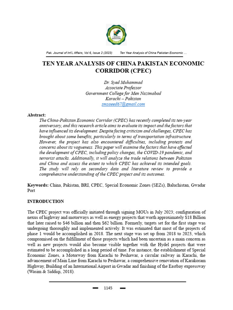 79 Ten Year Analysis of China Pakistan Economic Corridor Cpec | PDF ...
