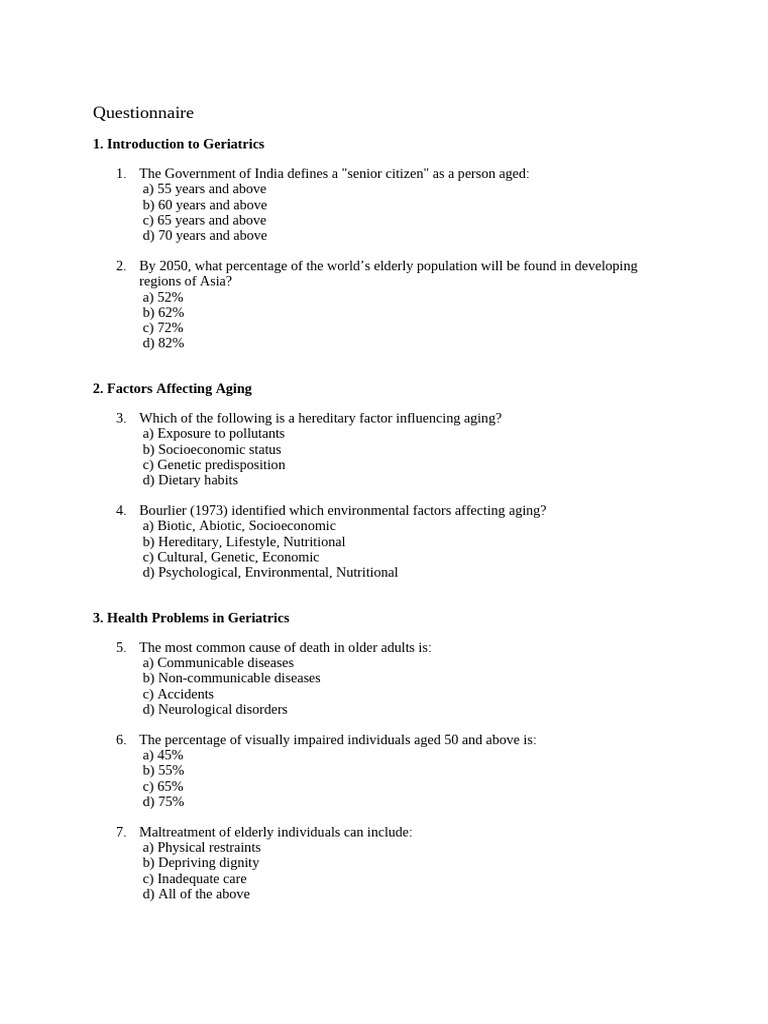 Questionnnarre On Geriatric Assessment | PDF | Geriatrics | Dementia