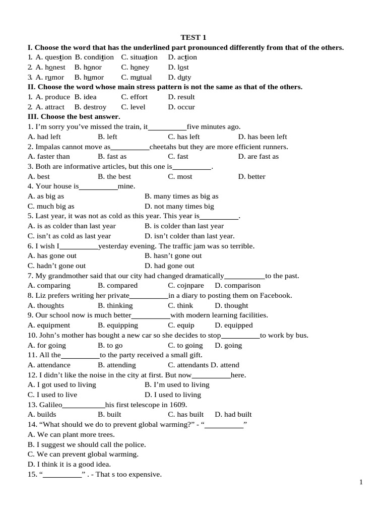 English Language Test Questions | PDF | Sydney