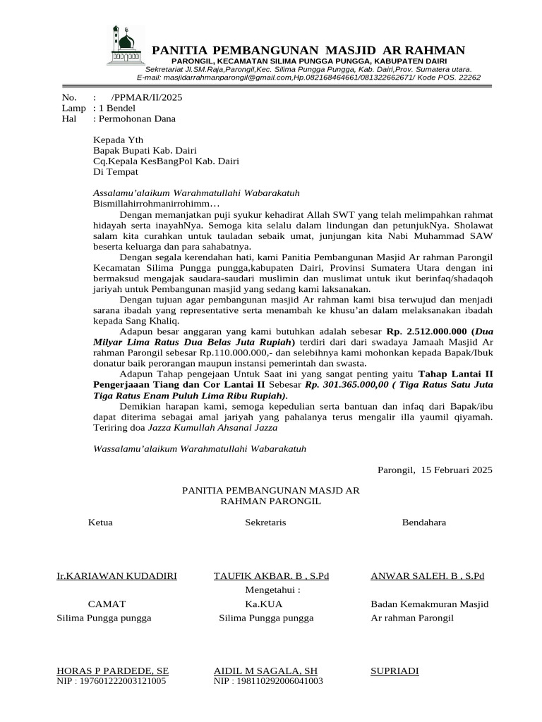 Permohonan Dana Pembangunan Masjid Ar Rahman | PDF