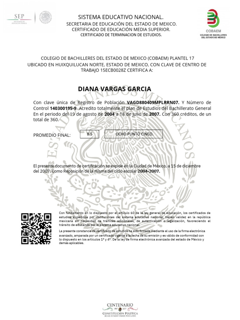 Certificado de Bachillerato COBAEM 2007 | PDF