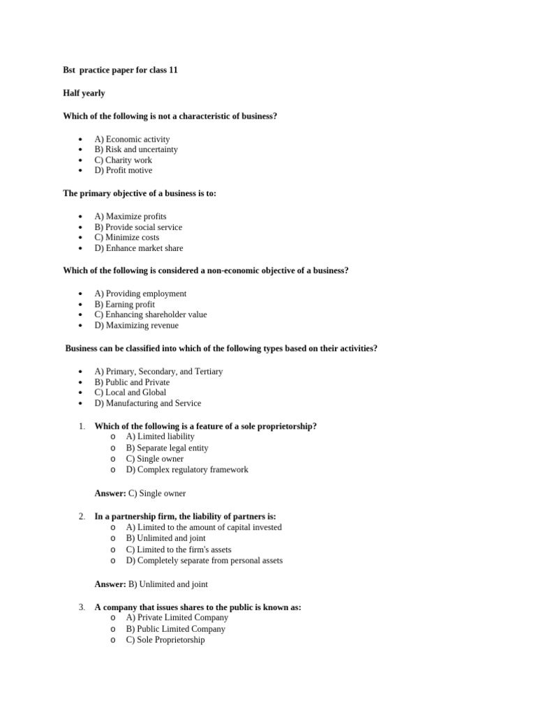 Class 11 Business Studies Practice Paper | PDF | Business | Partnership