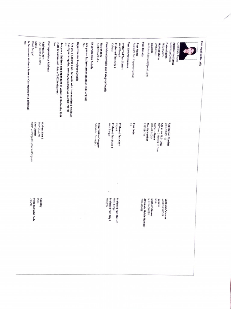 CRPF Assistant Sub Inspector Application Details | PDF