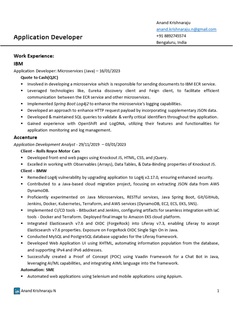 Application Developer Resume: Anand Krishnaraju | PDF | Spring ...
