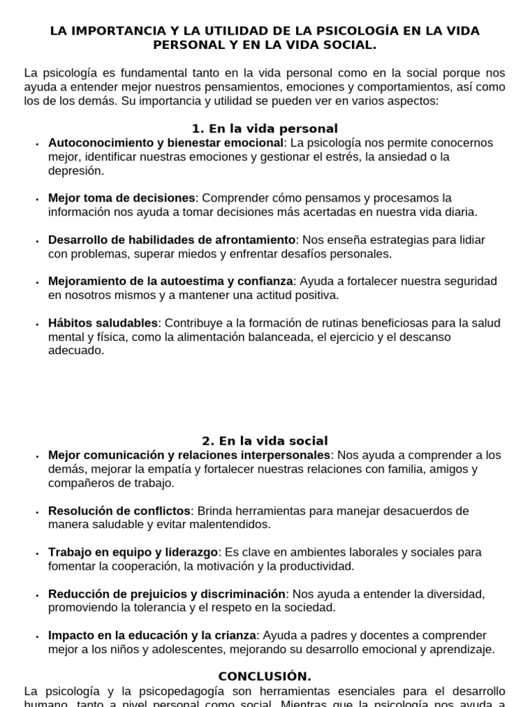 La Importancia y La Utilidad de La Psicología en La Vida Personal y en ...