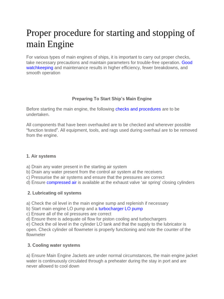 Main Engine Start/Stop Procedures | PDF | Sewage Treatment | Pump
