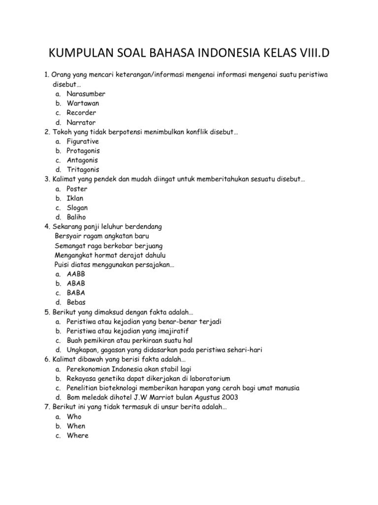 Kumpulan Soal Bahasa Indonesia Kelas Viii