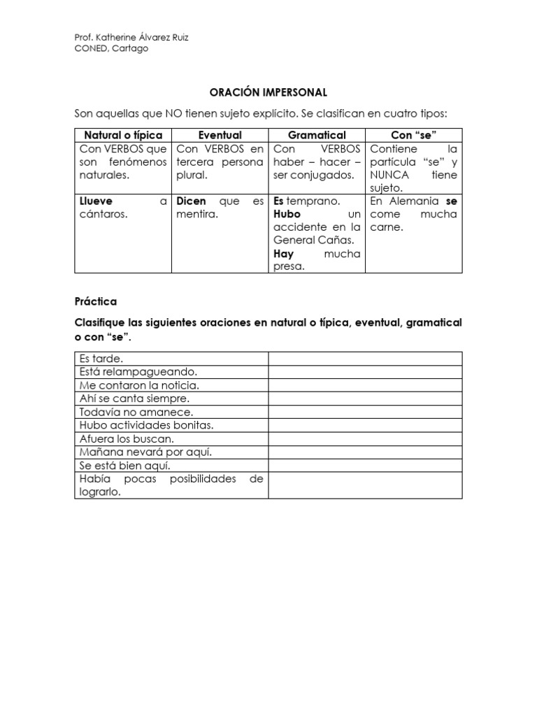 Práctica De Oraciones Pdf Verbo Asunto Gramática