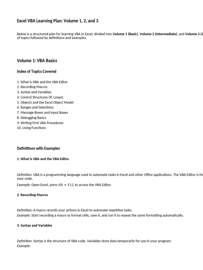 Excel VBA Learning Plan: Volumes 1-3 | PDF | Microsoft Excel | Visual ...
