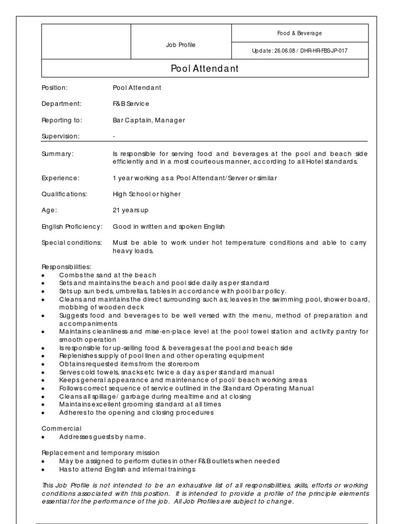 Pool Attendant Profile PDF
