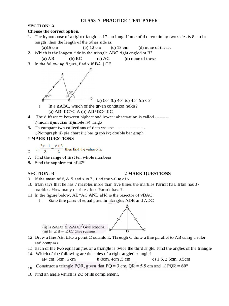 Class 7 Math Practice Test Paper | PDF | Geometry | Geometric Shapes