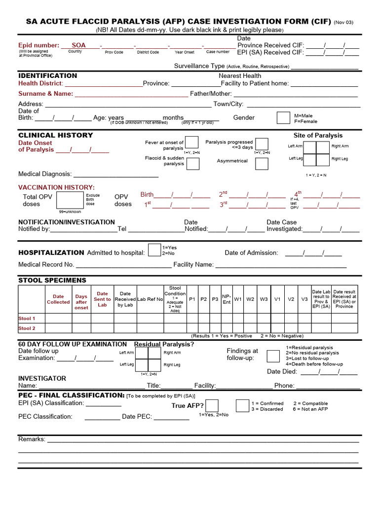 Acute Flaccid Paralysis Case Form | PDF | Public Health | Medicine