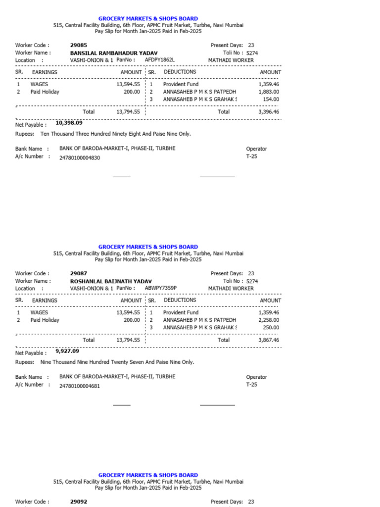 January 2025 Mathadi Workers Payslips | PDF | Paycheck | Payments