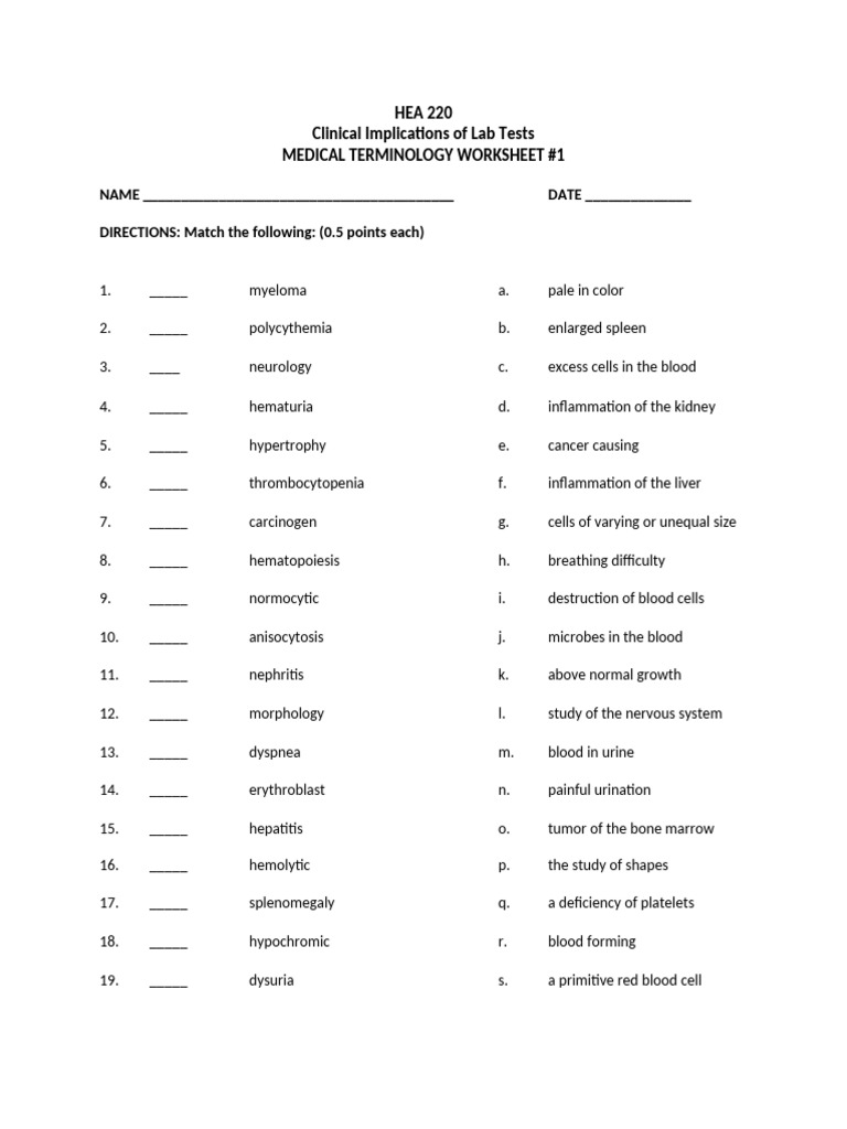 HEA 220 Medical Terminology Worksheet #1 | PDF | Blood Cell | Blood
