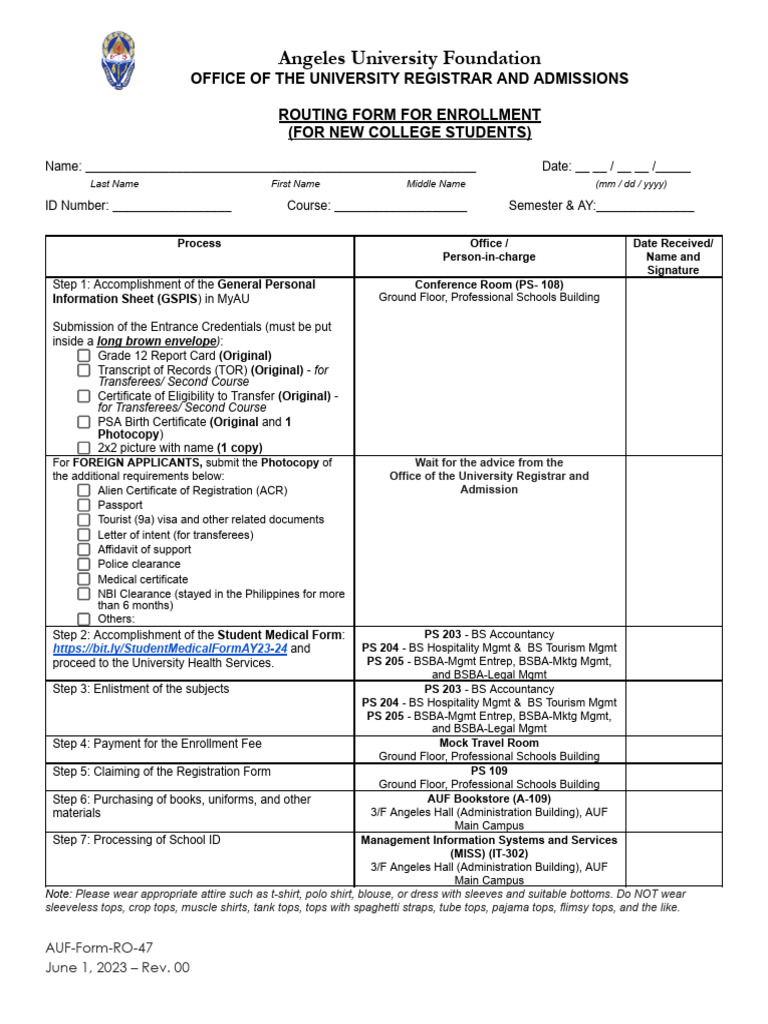 AUF Enrollment Routing Form Guide | PDF
