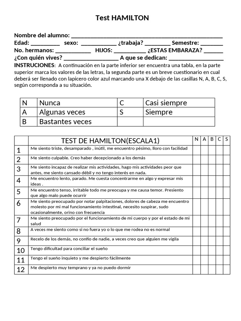 Test de Hamilton: Evaluación de Depresión | PDF