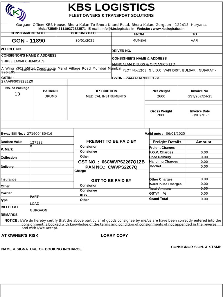 KBS Logistics Consignment Note | PDF | Cargo | Transport