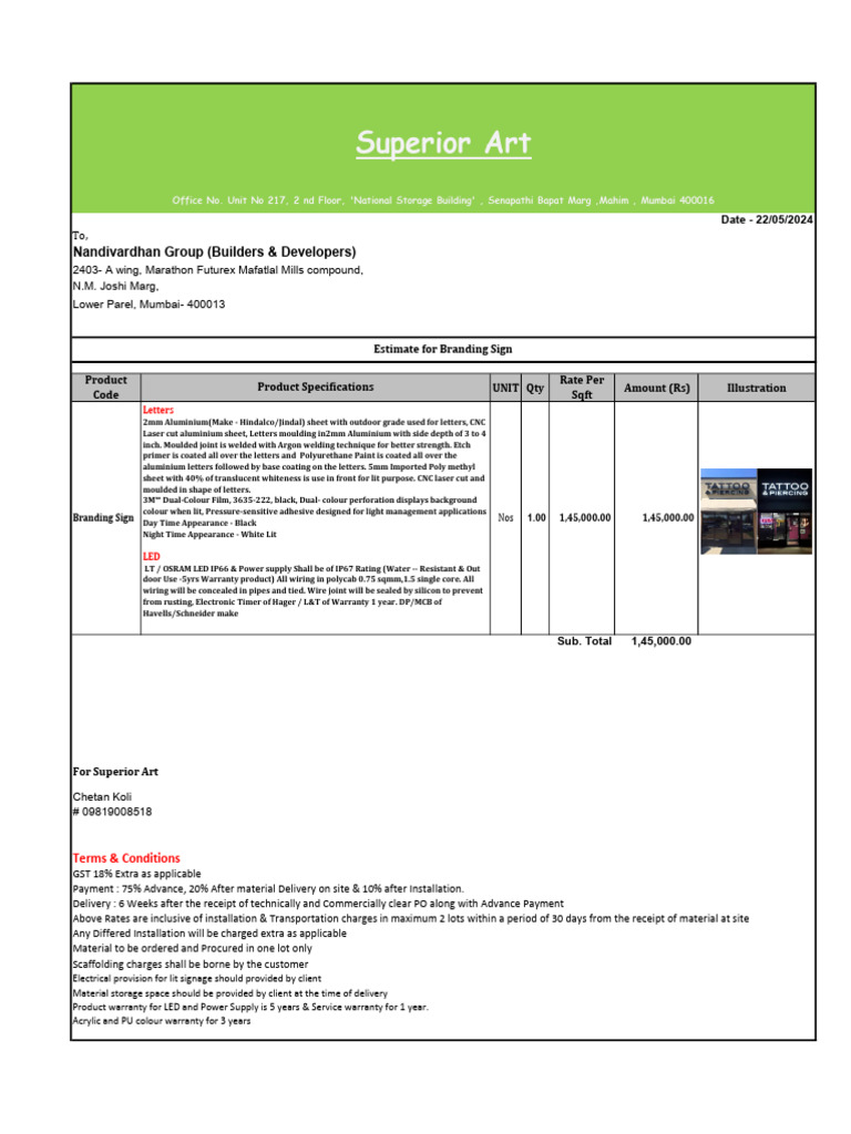 Estimate For Branding Sign | PDF | Materials | Mechanical Engineering