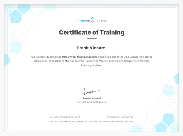 Data Driven - Machine Learning Training - Certificate of Completion | PDF