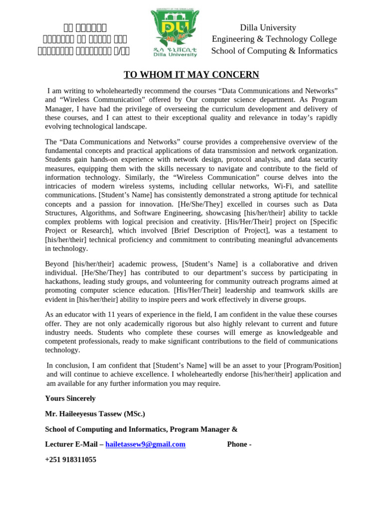 Recommendation Letter Kirubel Kassahun Abuhay | PDF | Communication ...