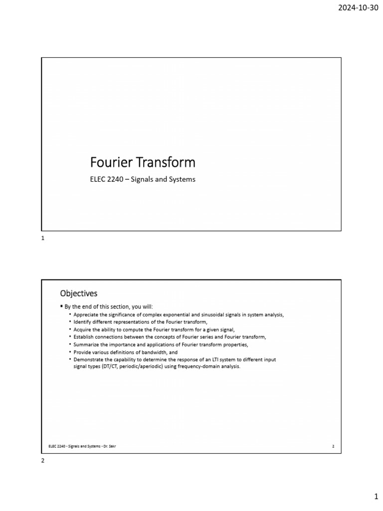 Fourier Transform in Signals and Systems | PDF | Spectral Density ...