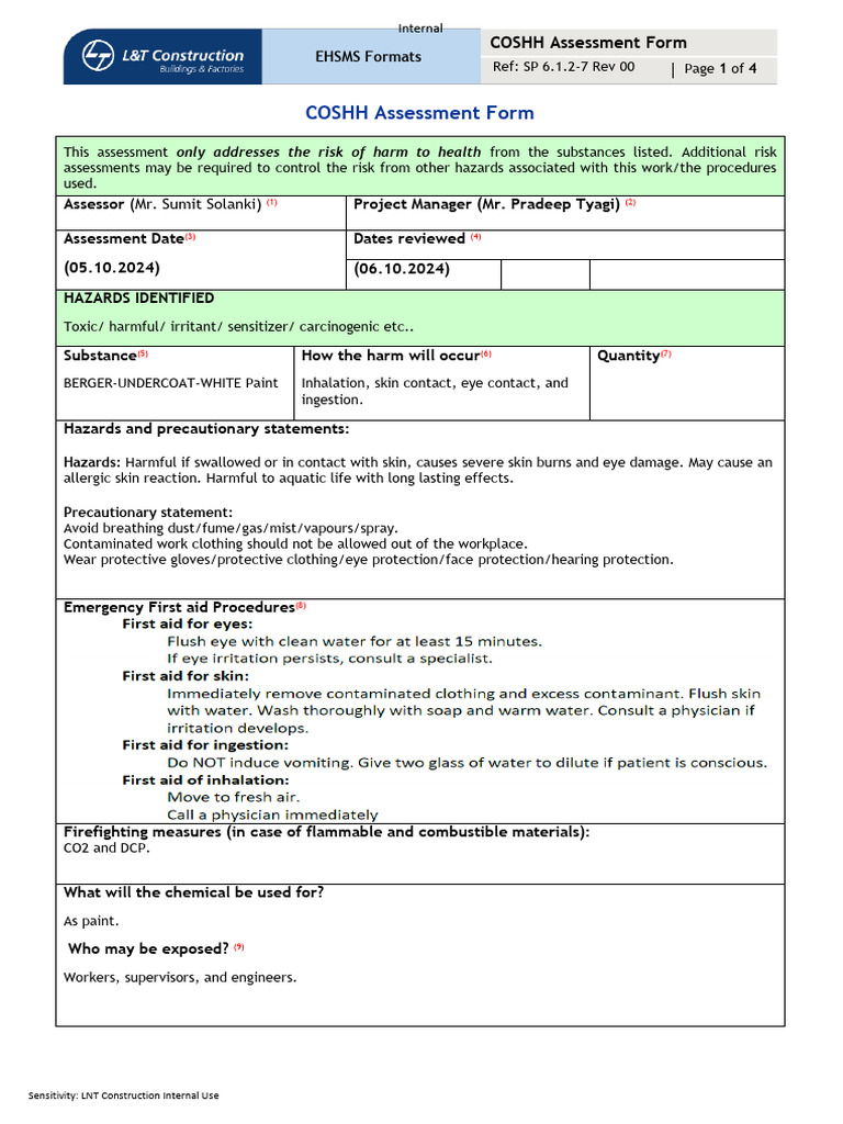 COSHH Assessment for Berger Paint | PDF | Personal Protective Equipment ...