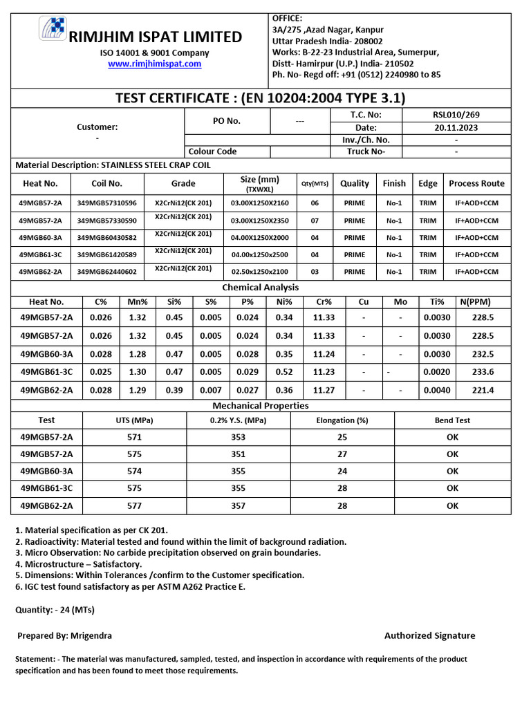 CK 201 X2CrNi12 Material Test Report | PDF | Building Engineering ...