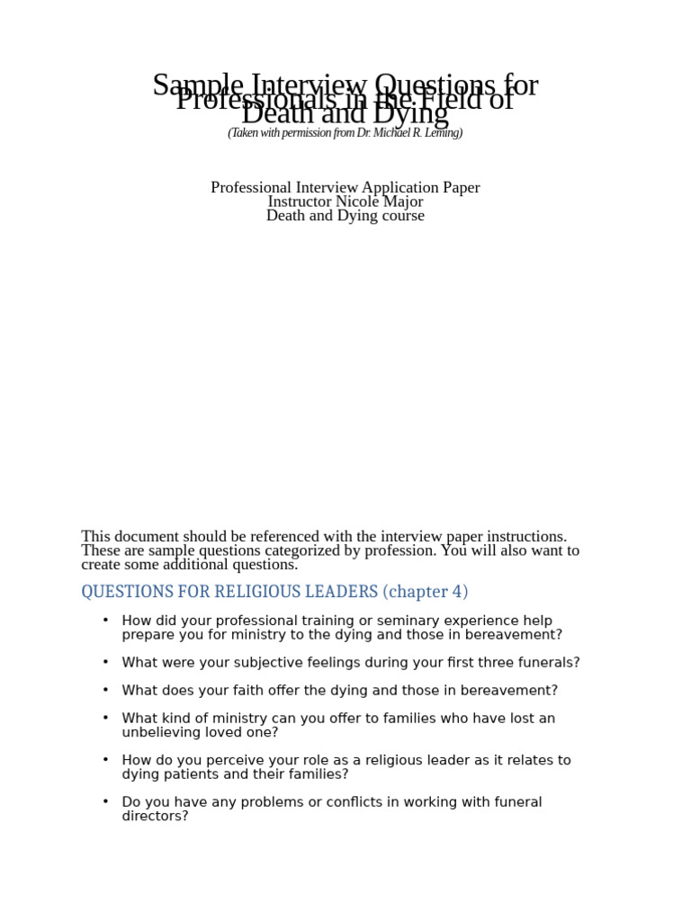 Sample Interview Questions For Professionals in The Field of Death and ...