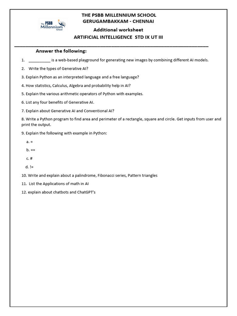 STD 9 - AI - UT3 - Additional Worksheet AY 24-25 | PDF