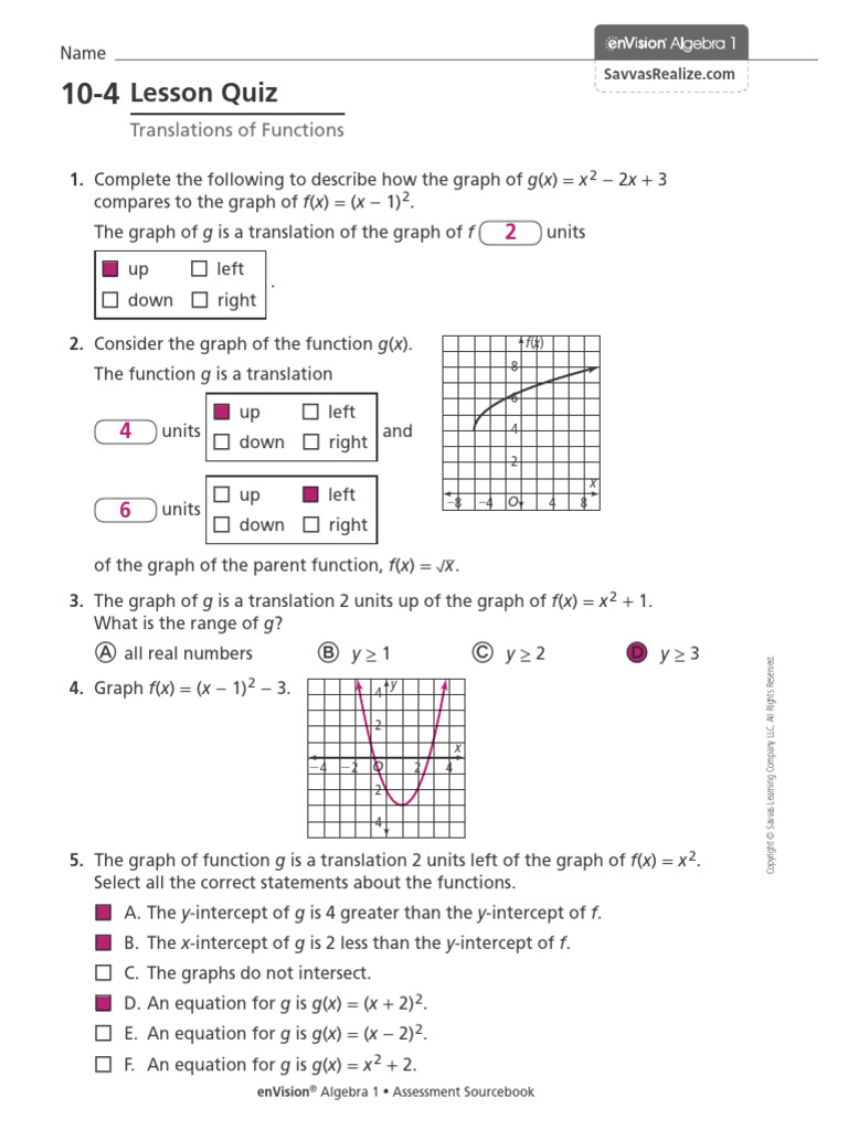 Answer Key - 10-4 - Lesson Quiz | PDF | Mathematics | Algebra