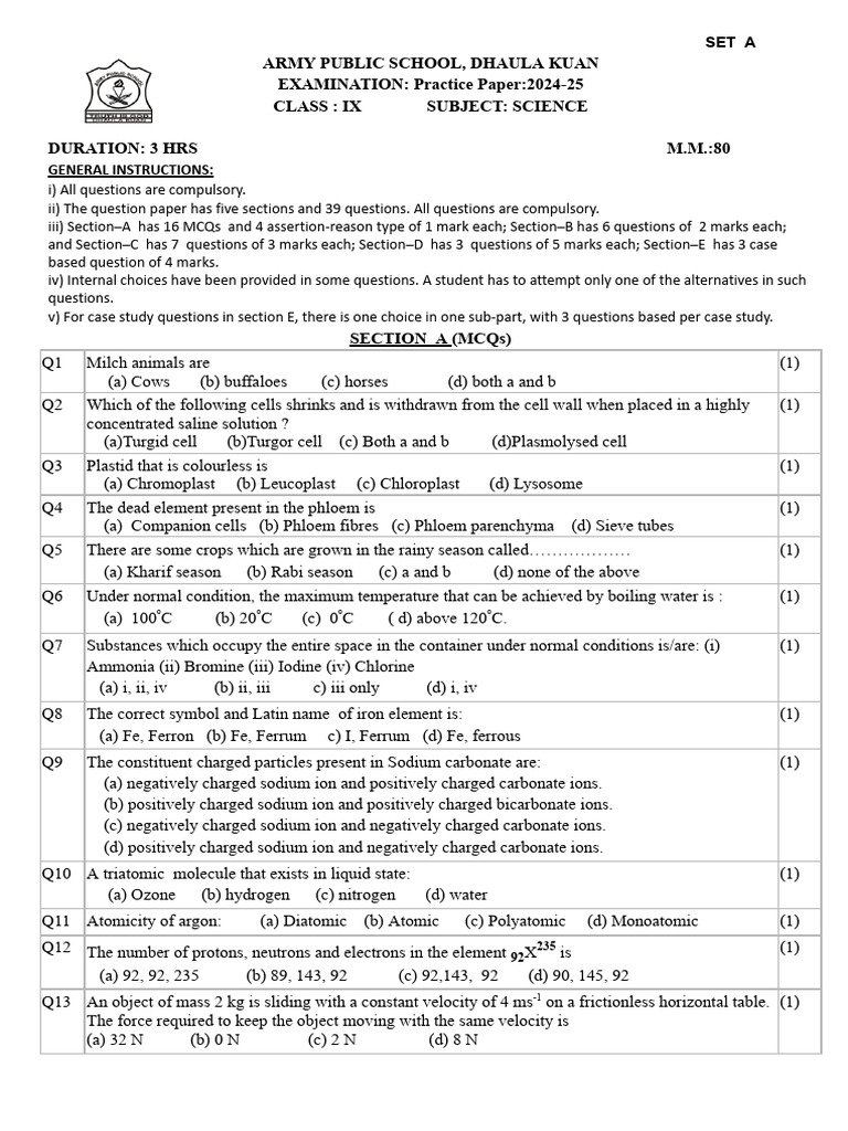 Class IX Science Practice Paper 2024-25 | PDF | Atoms | Ion