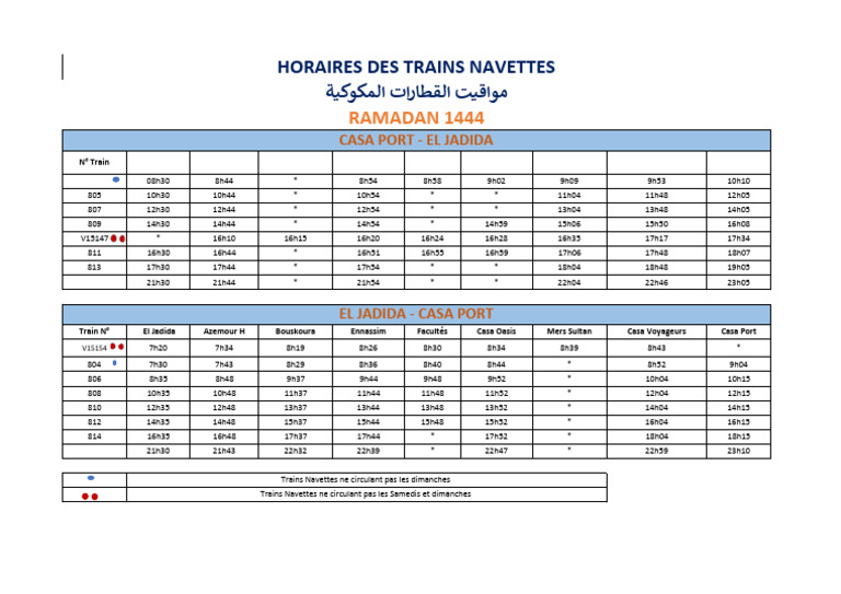 ONCF Horaires Ramadan 2023 El Jadida 2 | PDF