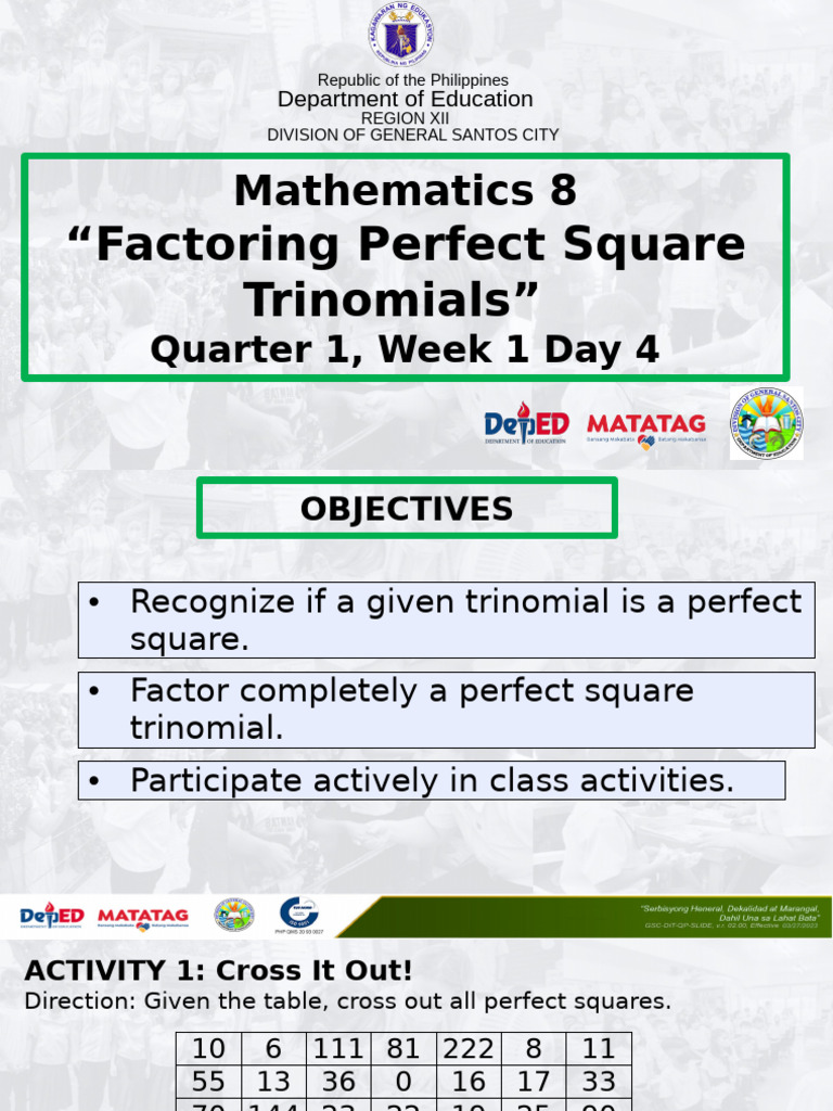 Factoring Perfect Square Trinomials | PDF | Factorization | Elementary ...