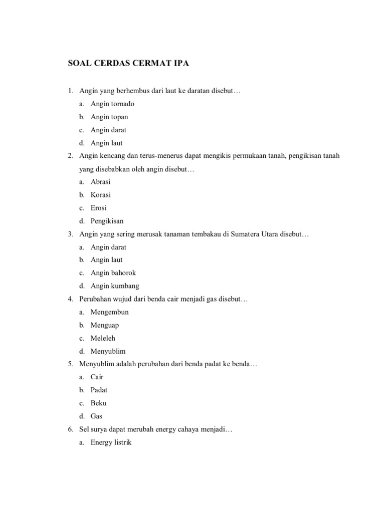 Soal Cerdas Cermat Ipa 1