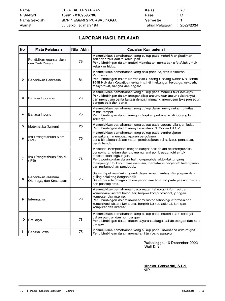 Laporan Hasil Belajar Kelas 7C 2023 | PDF
